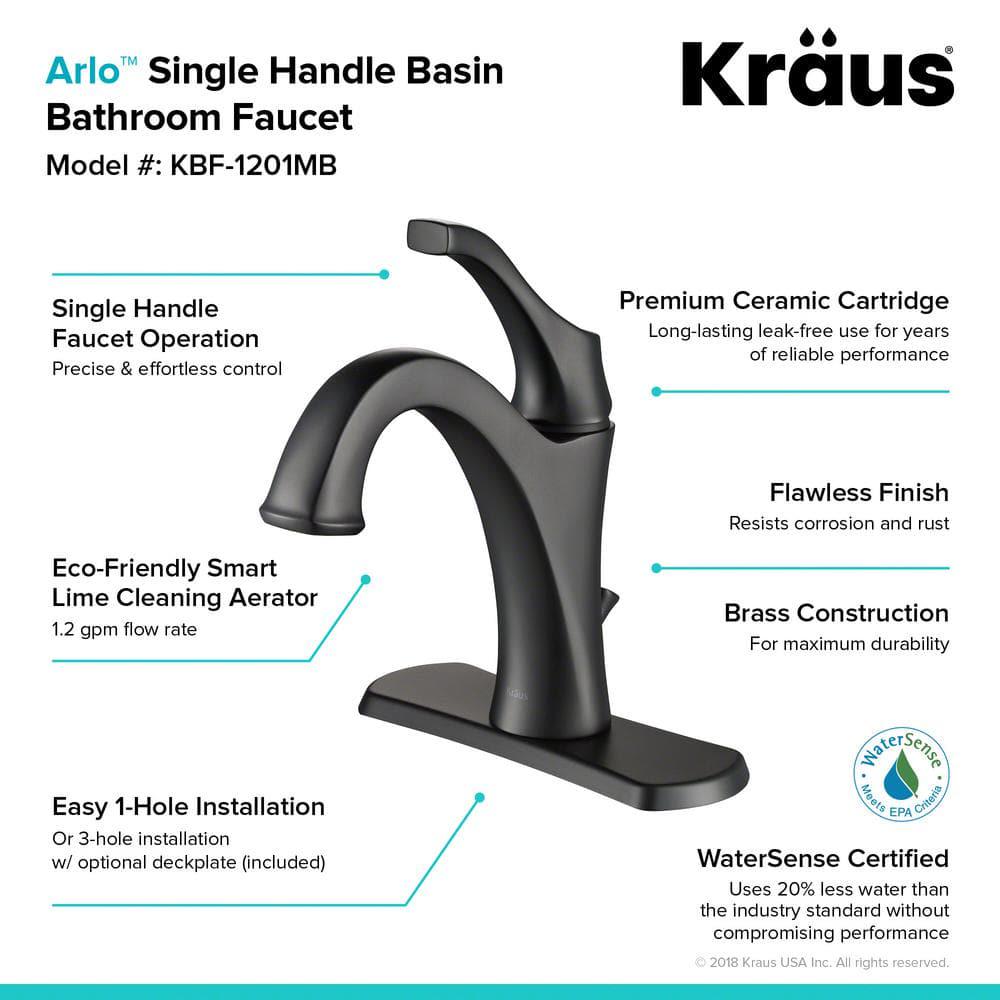 KRAUS Arlo Matte Black Single Handle Basin Bathroom Faucet with Lift Rod Drain and Deck Plate