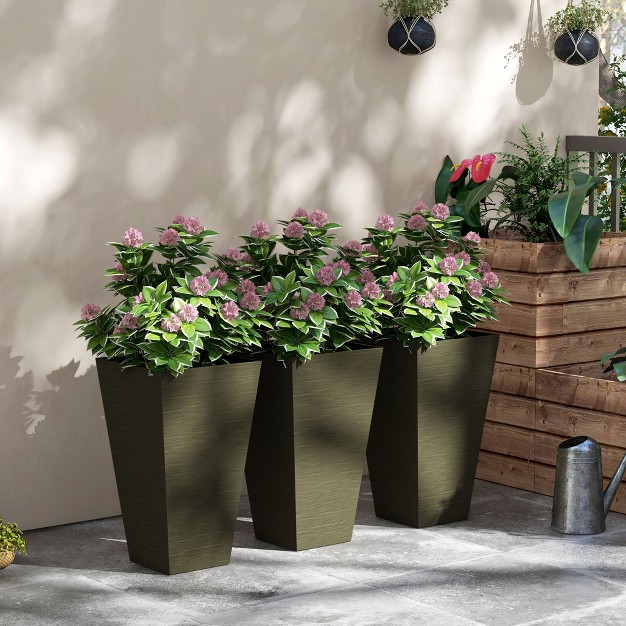 Tall Outdoor Planters Set Of 3 Large Taper Planters With Drainage Holes And Plug Faux Wood Plastic Flower Pots Dark Brown