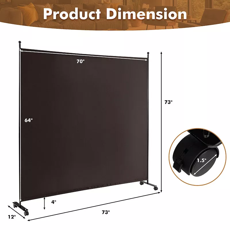 6 Feet Single Panel Rolling Room Divider with Smooth Wheels