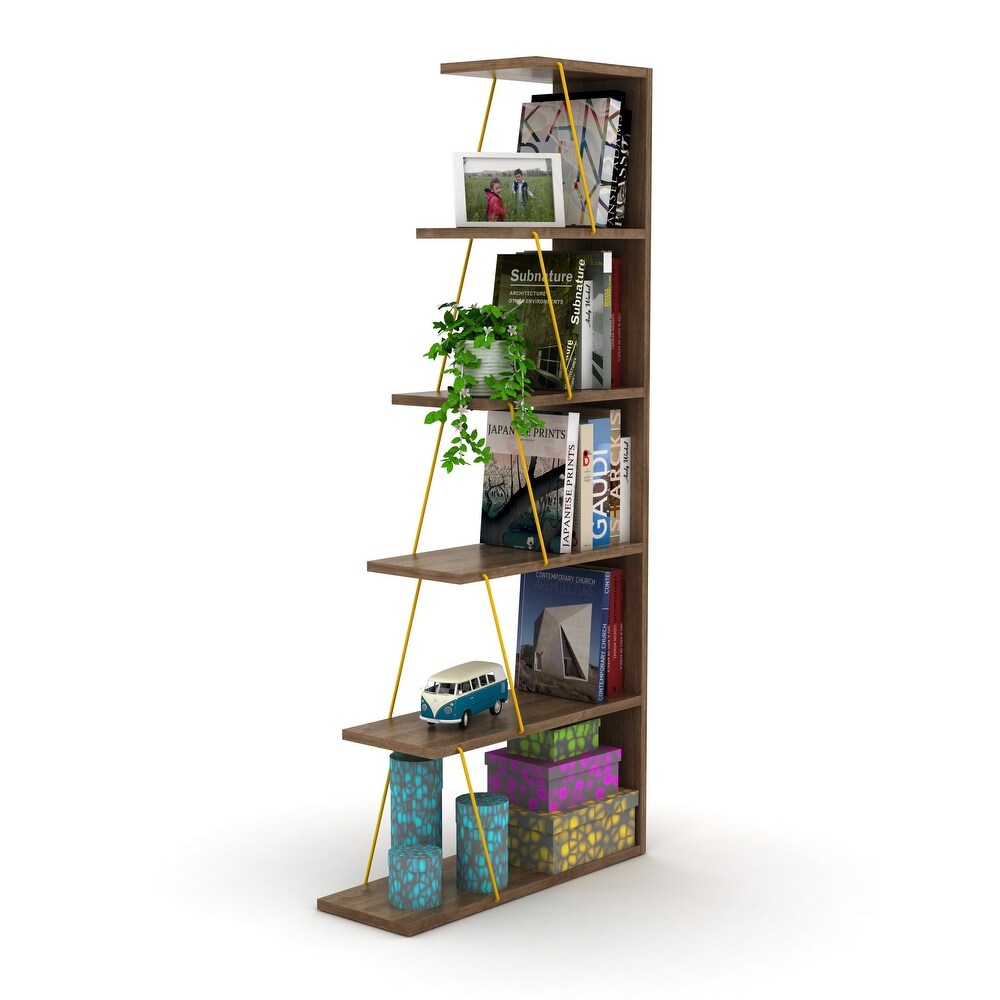 5 Tier Ladder Narrow Bookshelf Organizers for Small Spaces Office Furniture  Walnut/Yellow