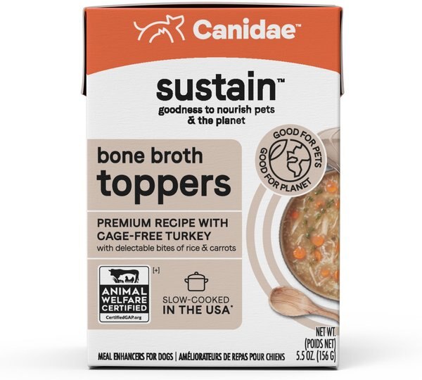 CANIDAE Sustain Bone Broth Toppers Premium Recipe with Cage-Free Turkey Dog Food Topper， 5.5-oz， case of 12