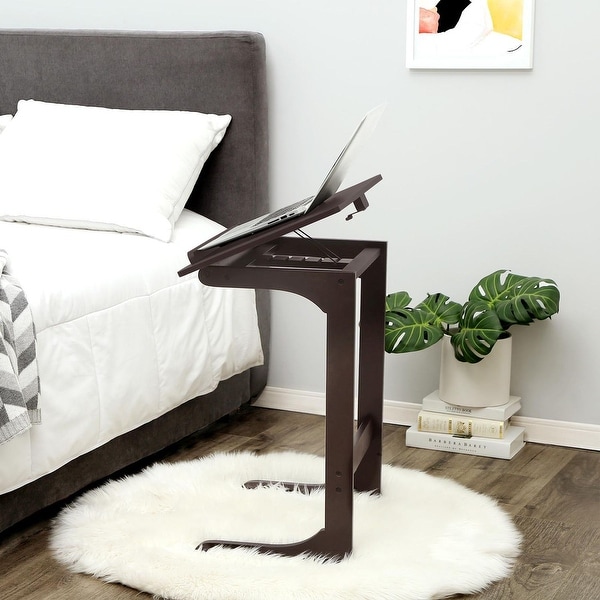 Bamboo Sofa Side Table， 7 Angles Adjustable Couch Table End Table， Laptop Desk with Tilting Top， C Table TV Tray Over-Bed Table