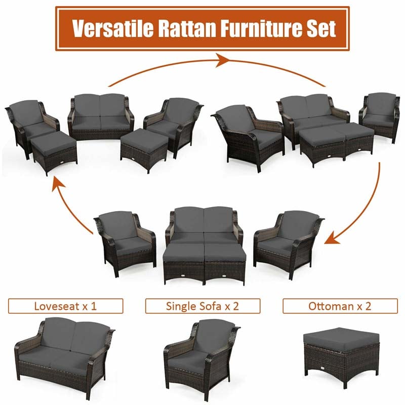 5 Pcs Rattan Wicker Patio Furniture Set with Loveseat, Single Sofas & Ottomans, Outdoor Conversation Sets