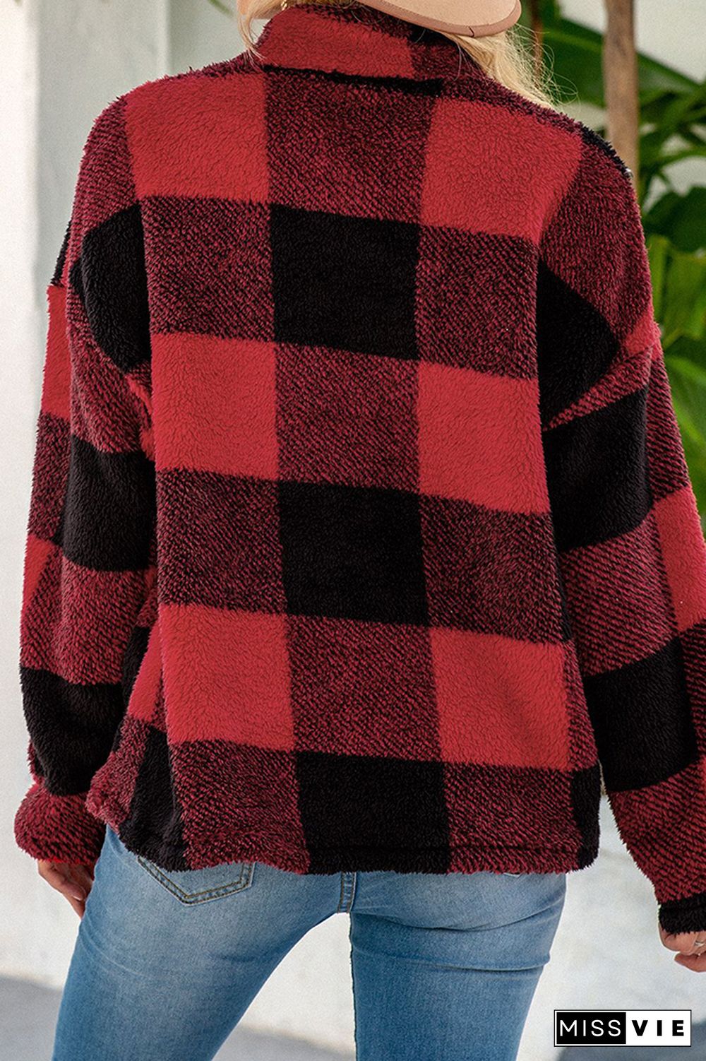 Checked High Collar 1/4 Zipper Fleece Sweatshirts Women Wholesale