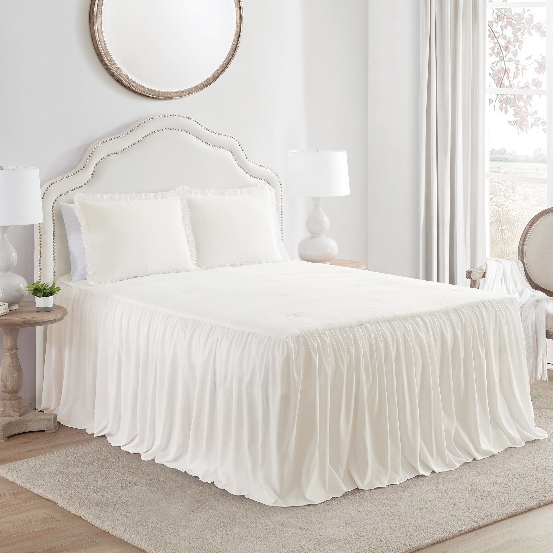 My Texas House Angelina Draping Ruffle Polyester 3-Piece Bedspread Set， Ivory， Queen