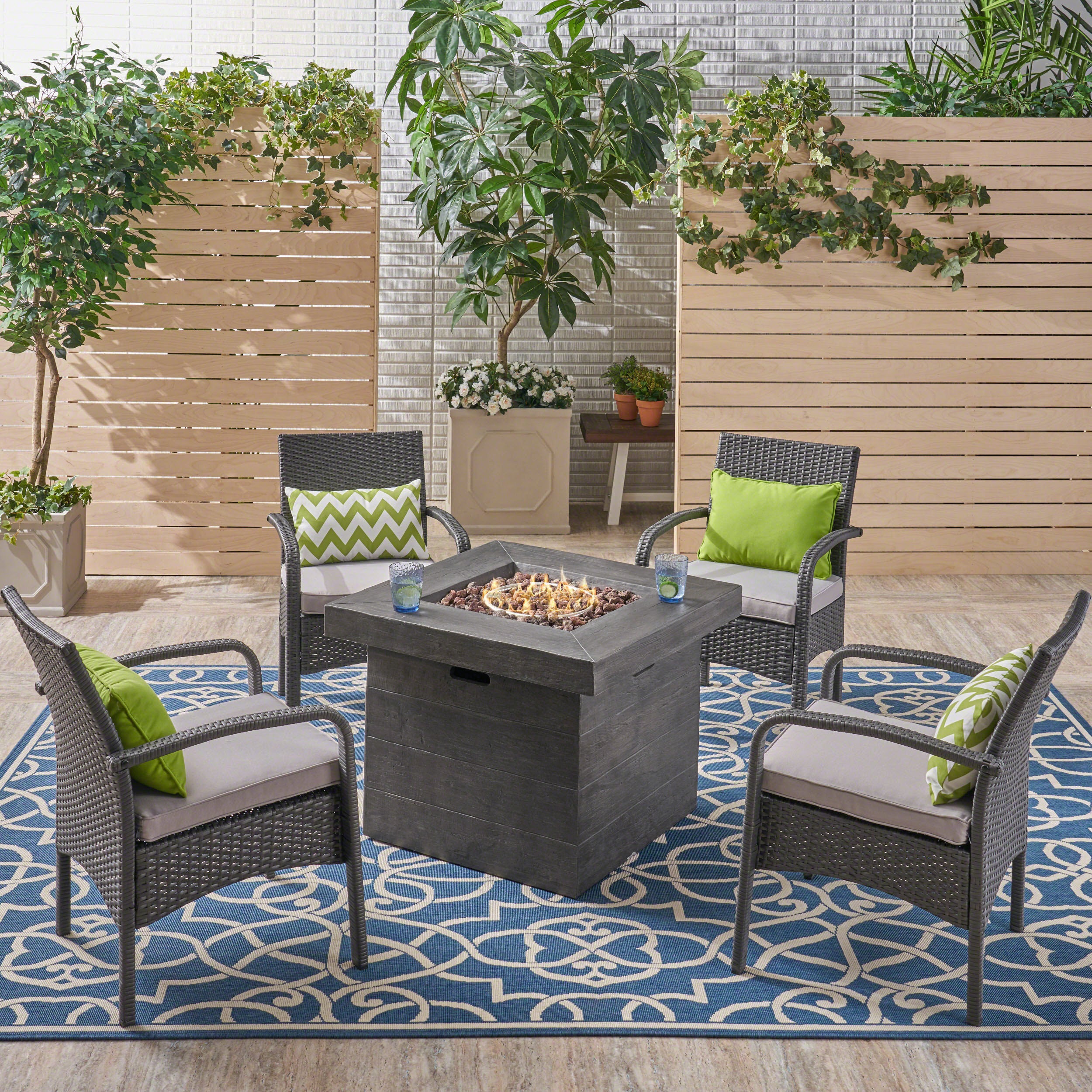 Meroy Patio Fire Pit Set, 4-Seater with Club Chairs, Wicker with Outdoor Cushions