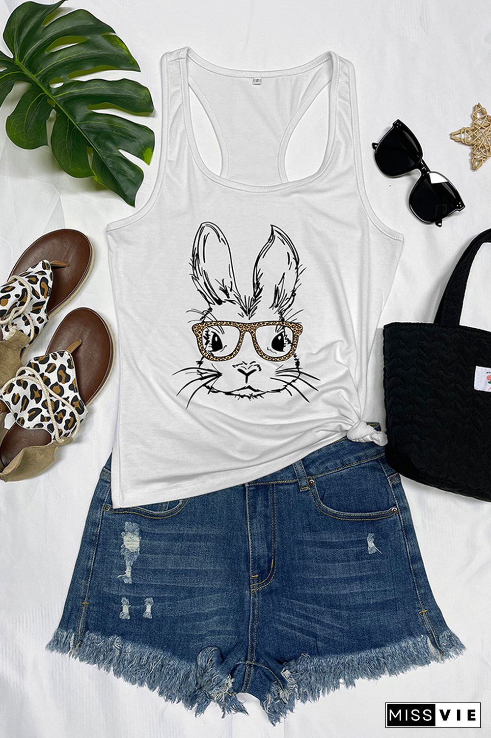 Easter Bunny With Glasses Printed Sleeveless Tank Top Wholesale