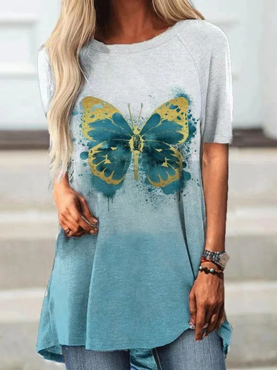 Ladies Round Neck Short-sleeved Butterfly Print T-shirt