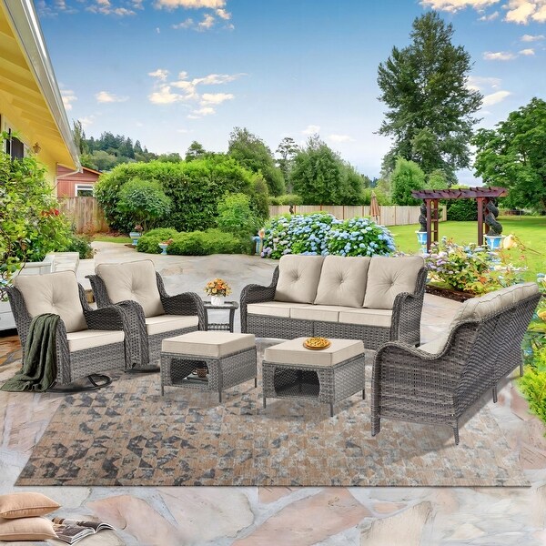 Wicker Patio Furniture Conversation Set with High Back Swivel Chairs and Storage Ottomans，Cushions Included🎃