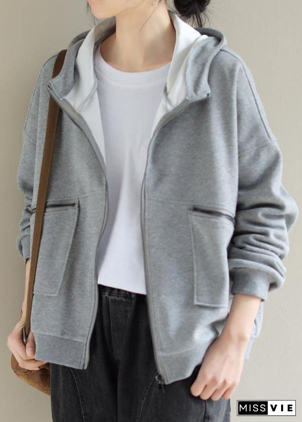 Simple Light Gray Fashion Coat For Woman Tops Hooded Zip Up Spring Coats