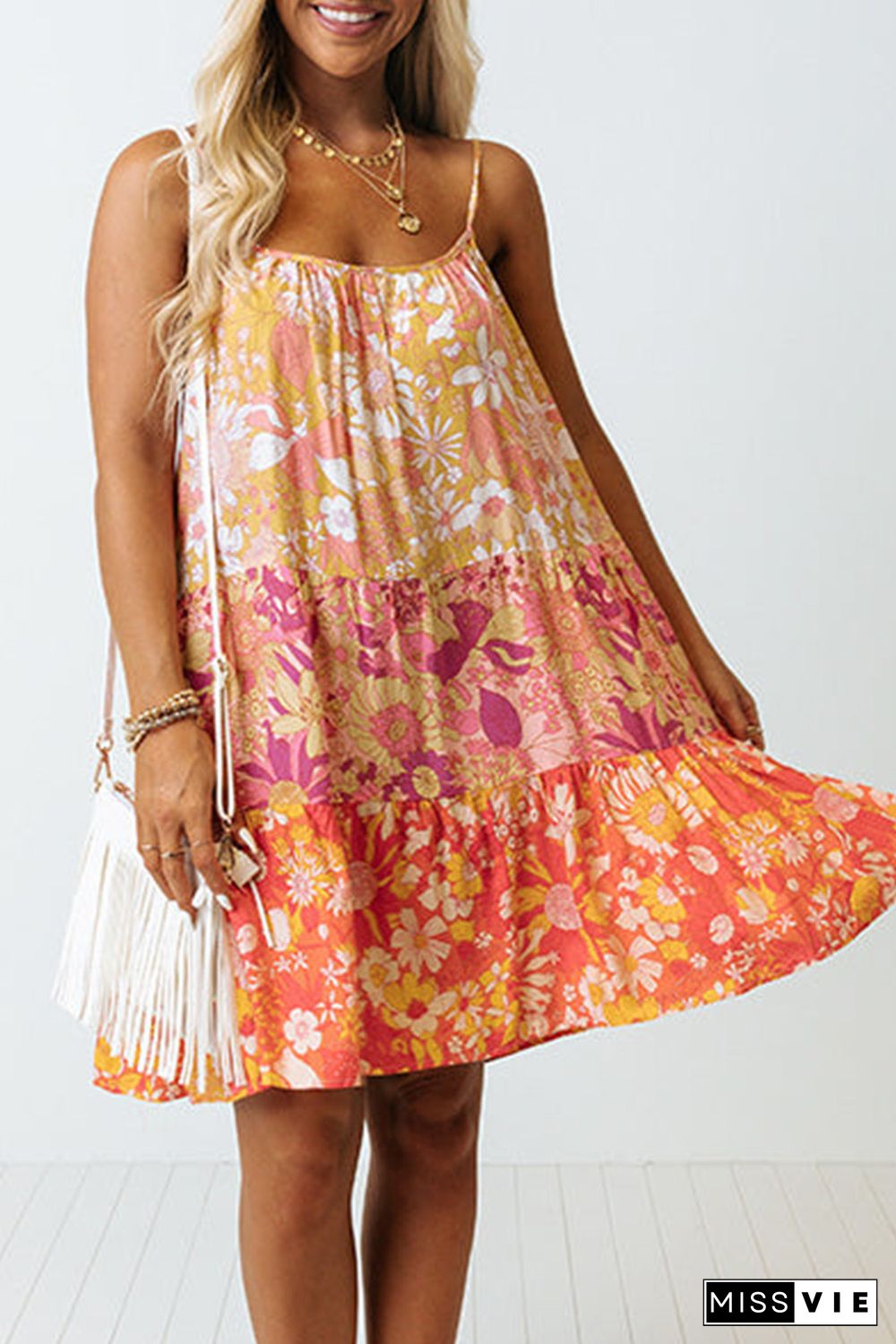 Orange Floral Print Tiered Spaghetti Straps Shift Dress