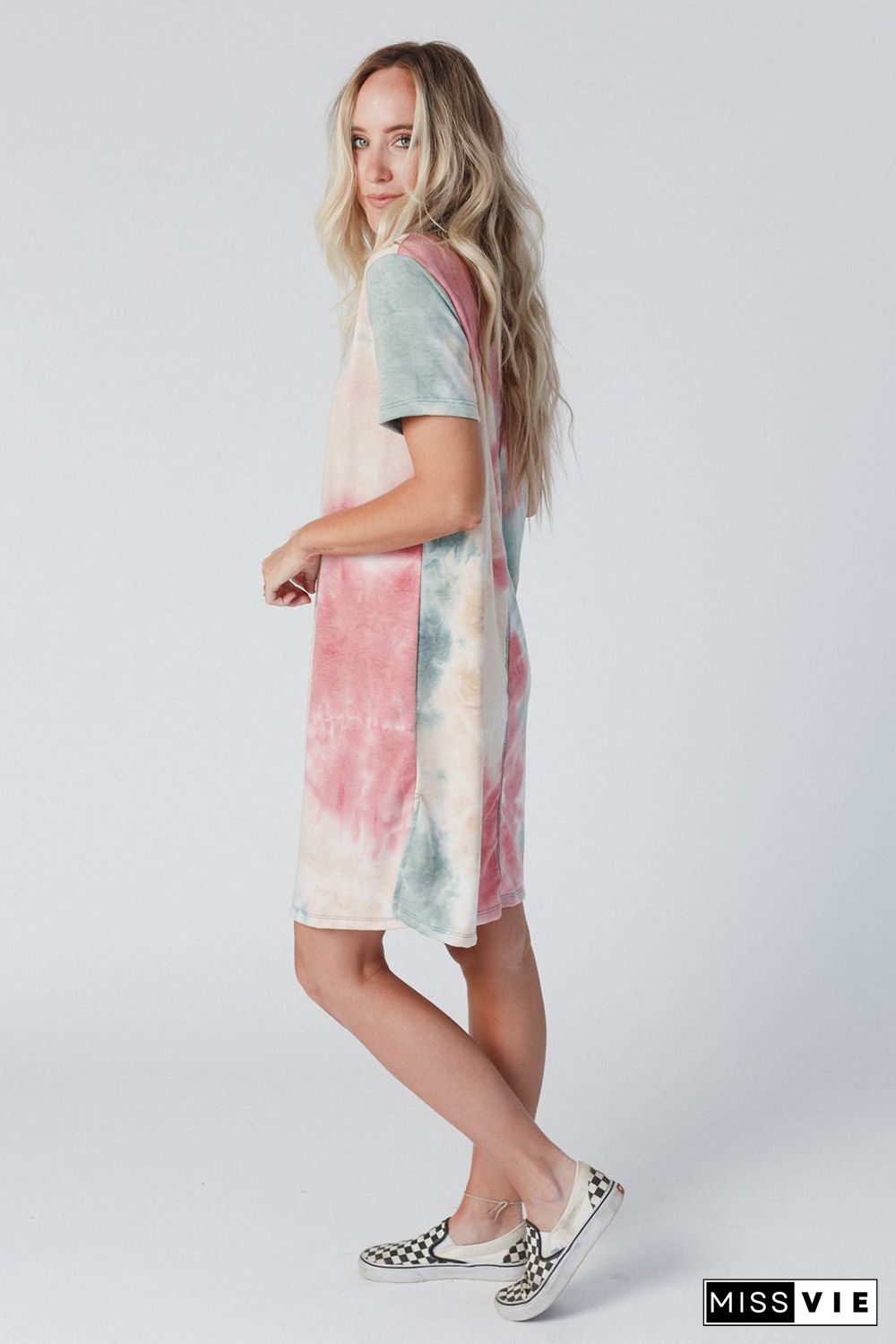 Multicolor Tie Dye Oversized Slit Tee Dress