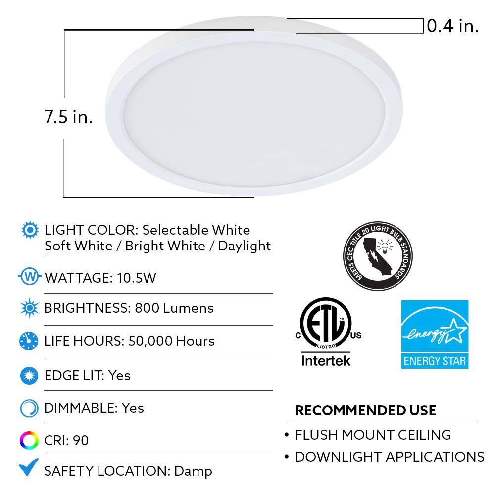 Feit Electric 7.5 in. 10.5-Watt Title 24 Dimmable White Integrated LED Round Flat Panel Ceiling Flush Mount with Color Change CCT 74206CAV2