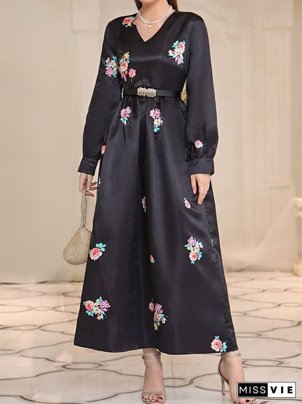 A-Line High Waisted Belted Flower Print V-Neck Maxi Dresses