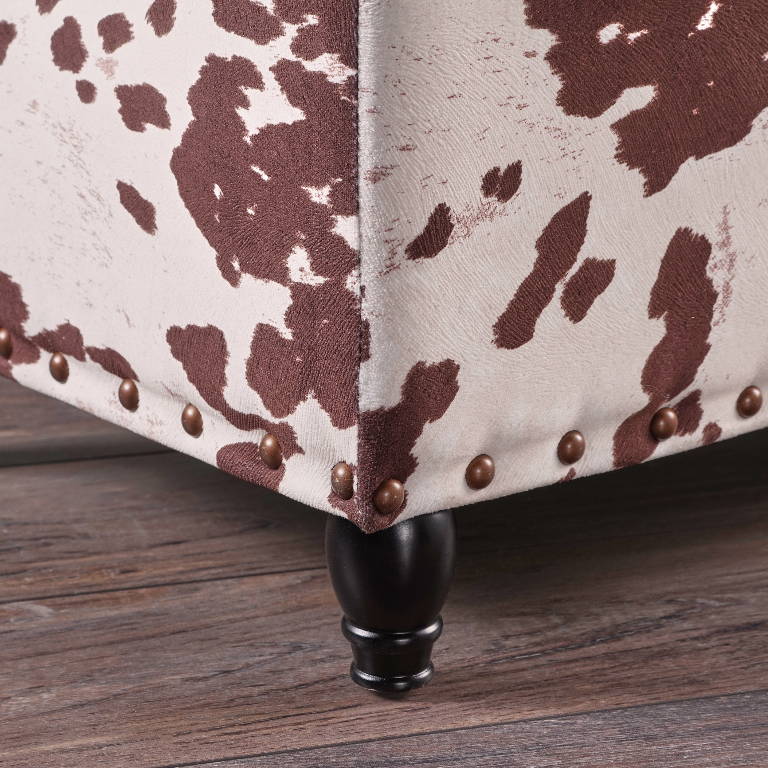 Tatiana Contemporary Velvet Storage Ottoman with Nailhead Trim, Milk Cow Pattern and Dark Brown