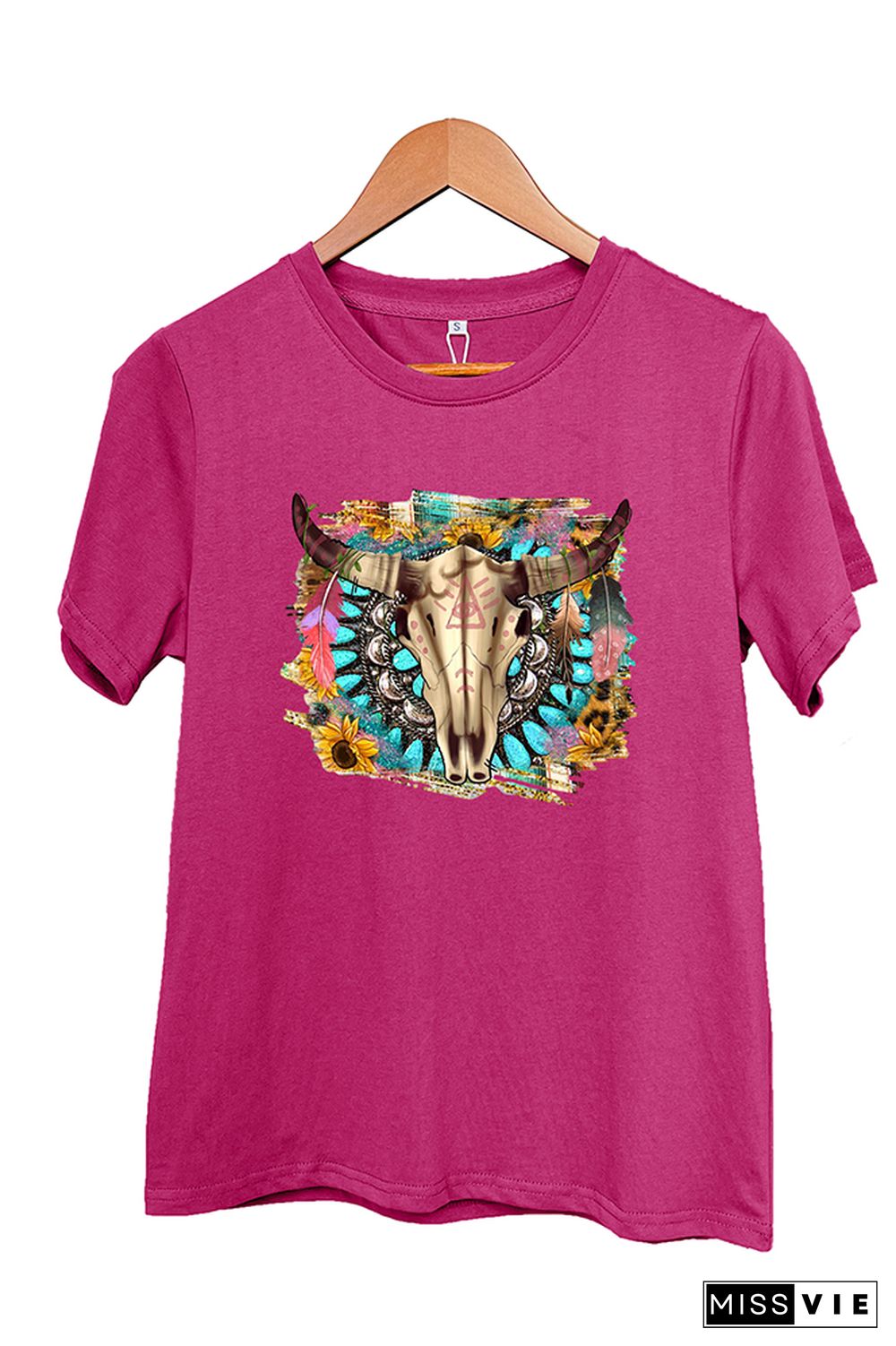 Western Boho Skull Pngturquoise And Leopard Short Sleeve Graphic Tee Wholesale