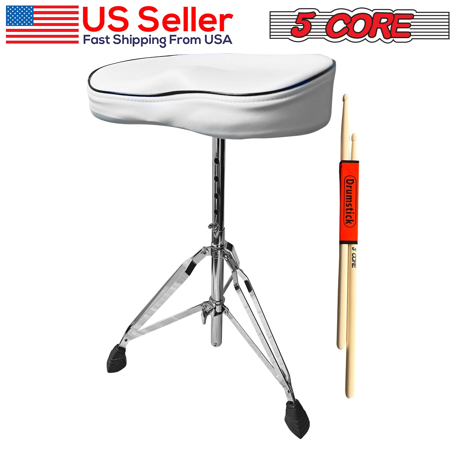 5 Core Drum Throne Saddle White| Height Adjustable Padded Comfortable Drum Seat with Two Drumsticks| Stools Chair Style with Double Braced Anti-Slip Feet, Comfortable Seat for Drummers, Guitar Players- DS CH WH SDL