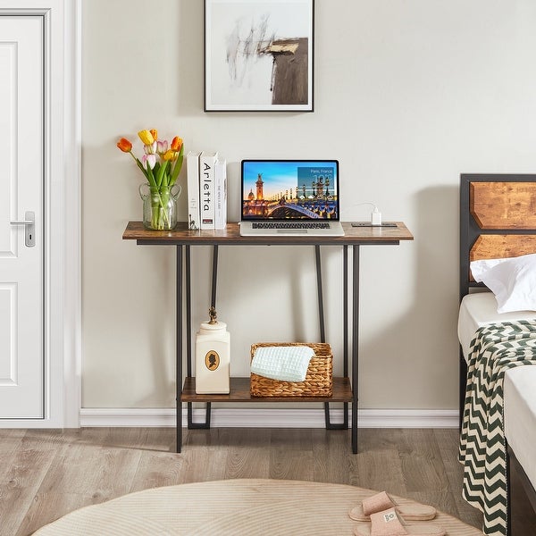 Industrial Rectangular Console Table with 2 Outlet and 2 USB Charging Ports