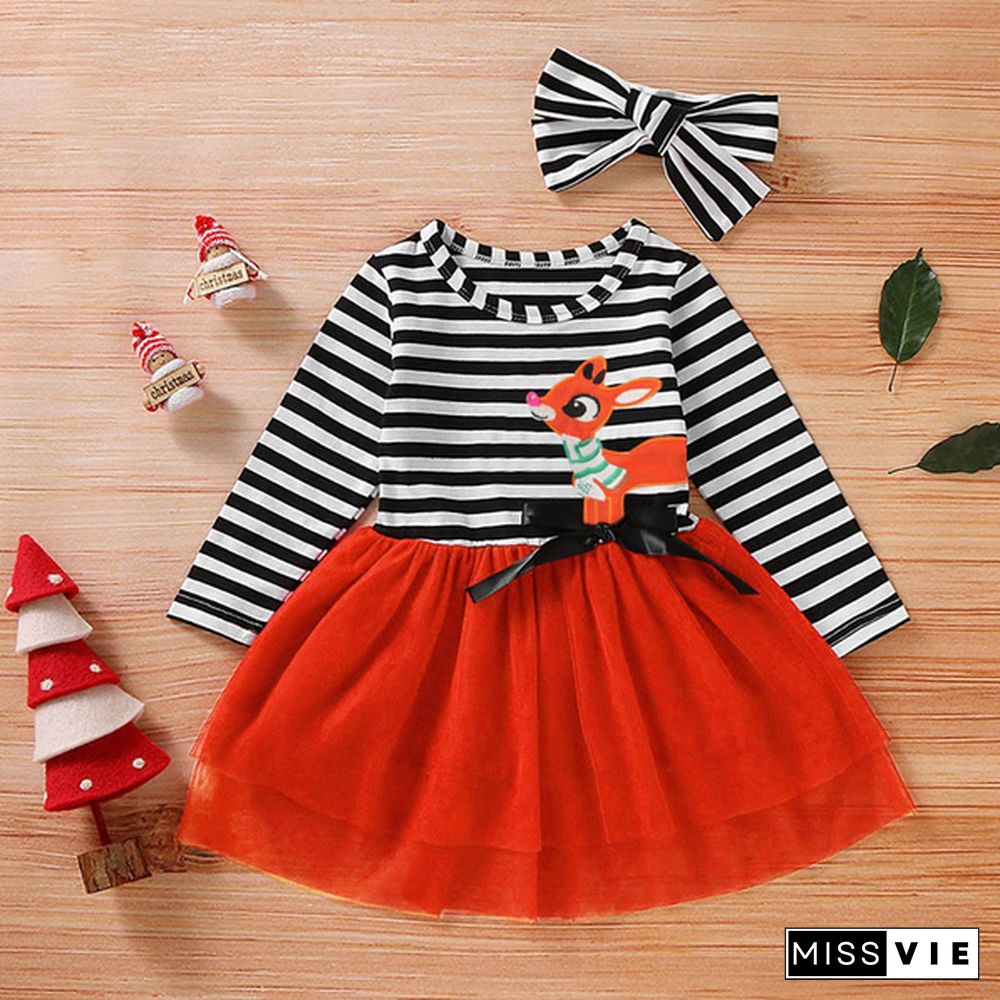 Toddler Baby Girls Christmas Santa Striped Print Tulle Dress+Headband Outfits