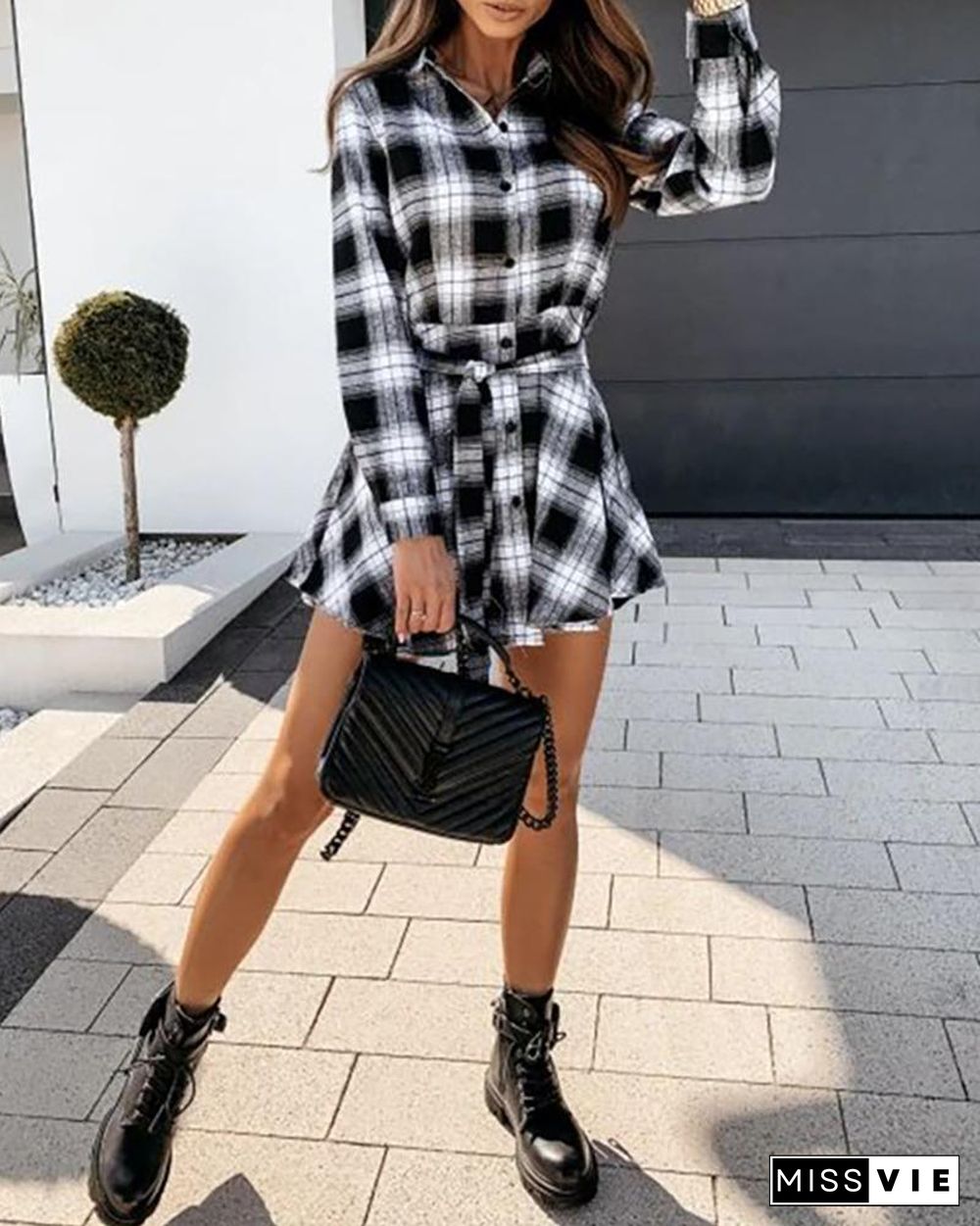 Plaid Colorblock Long Sleeve Shirt Dress P13915