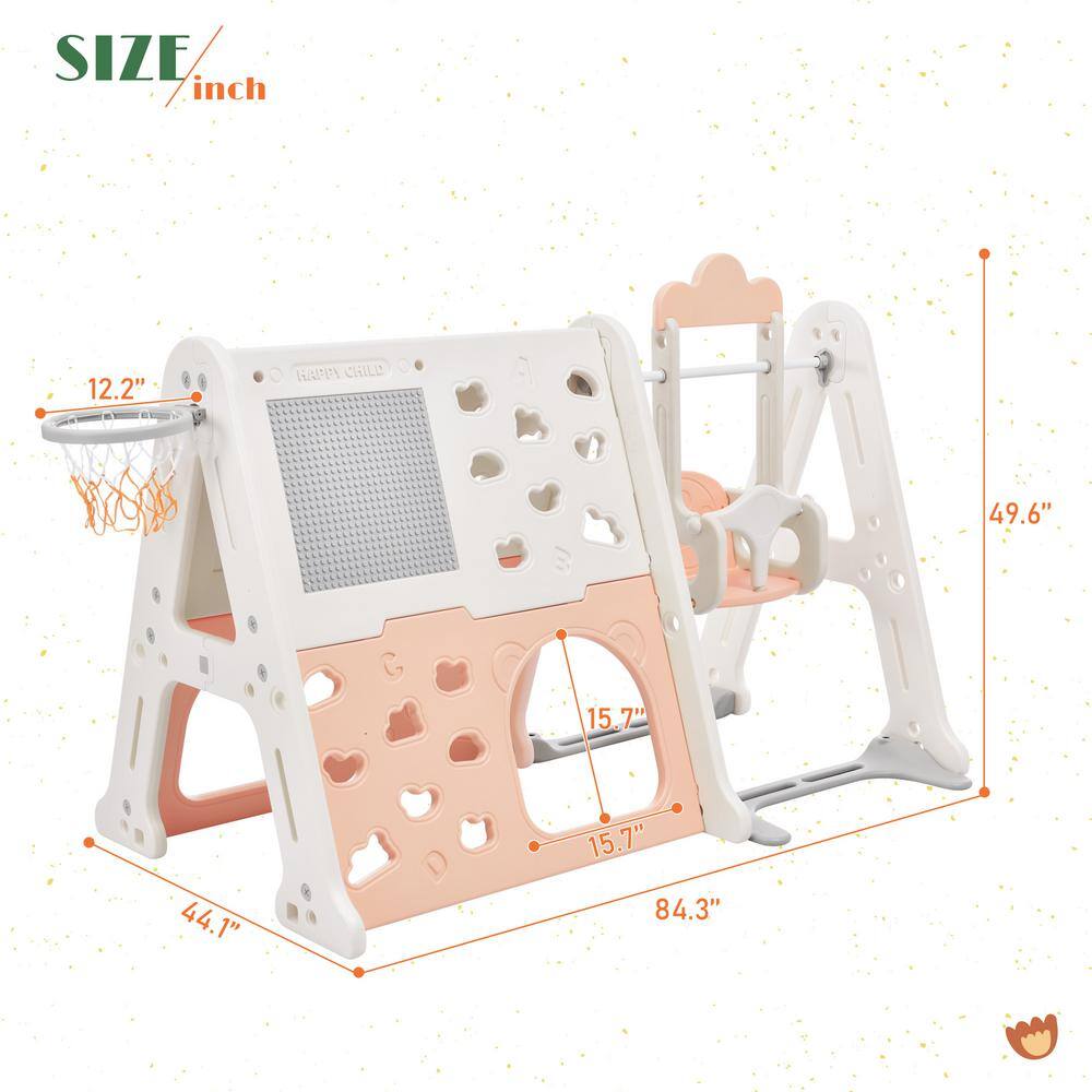 6-in-1 Light Pink HDPE Playset with Tunnel Climber Whiteboard Toy Building Block Baseplates Basketball Hoop LN20232359