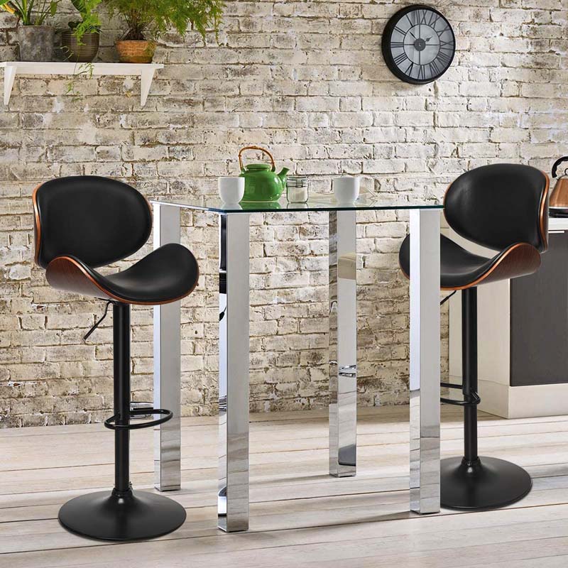 Set of 2 Adjustable Swivel PU Leather Bar Stools Counter Height Dining Chairs with Iron Base & Curved Footrest