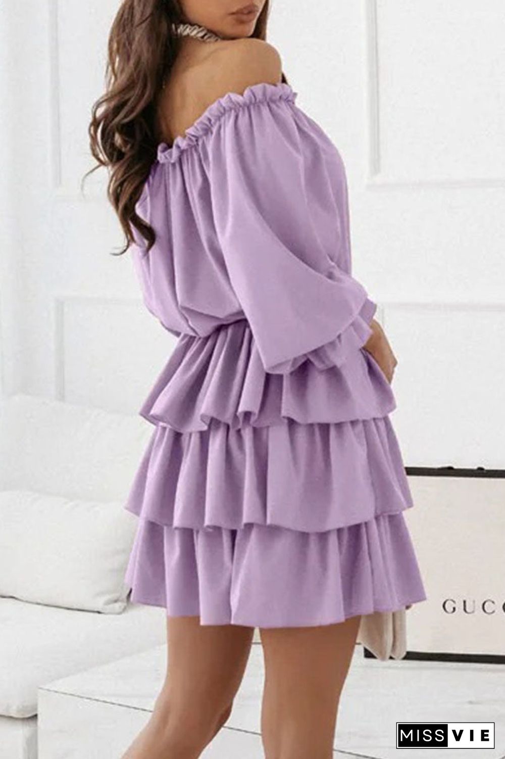 Fashion Casual Solid Split Joint Off The Shoulder Cake Skirt Dresses(6 Colors)