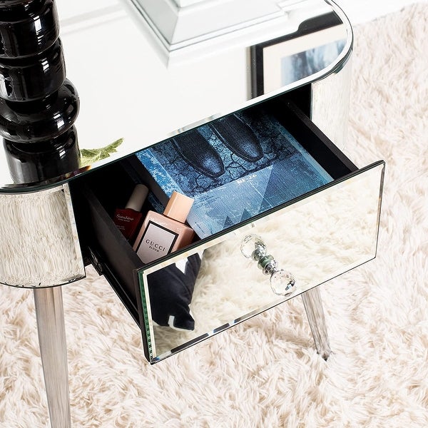 Mirrored Accent Table 1 Drawer Silver Curved Corners