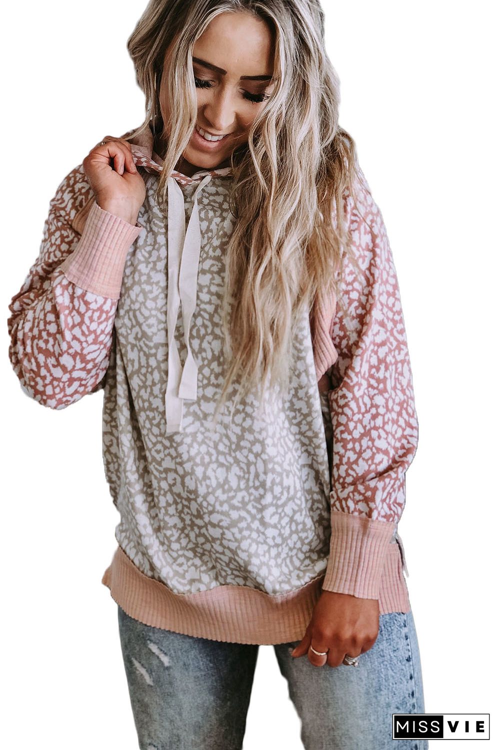 Pink Leopard Long Sleeve Hooded Sweatshirt