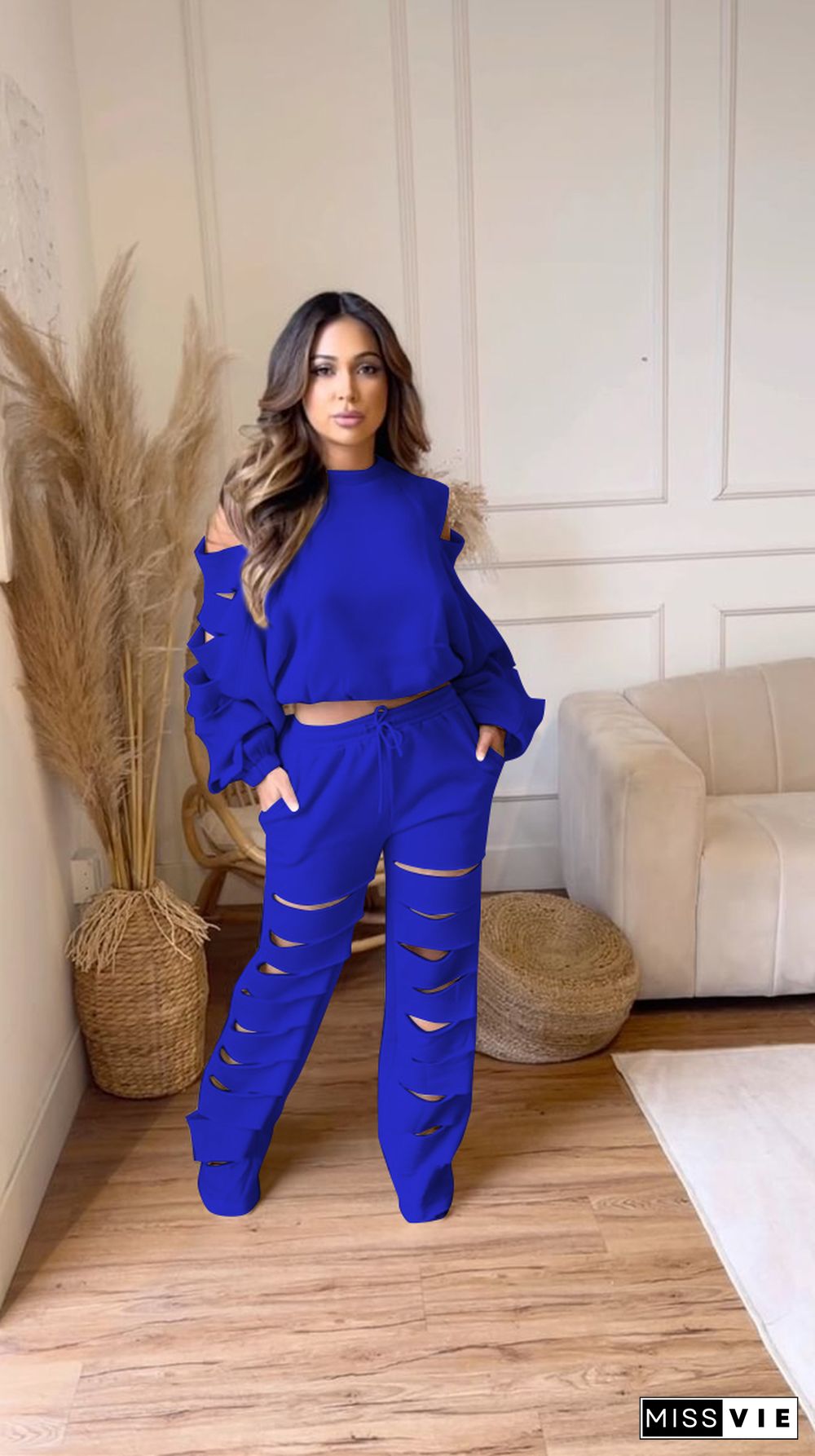 Cut Out Holes Long Sleeve T-shirt and Pants Outfits