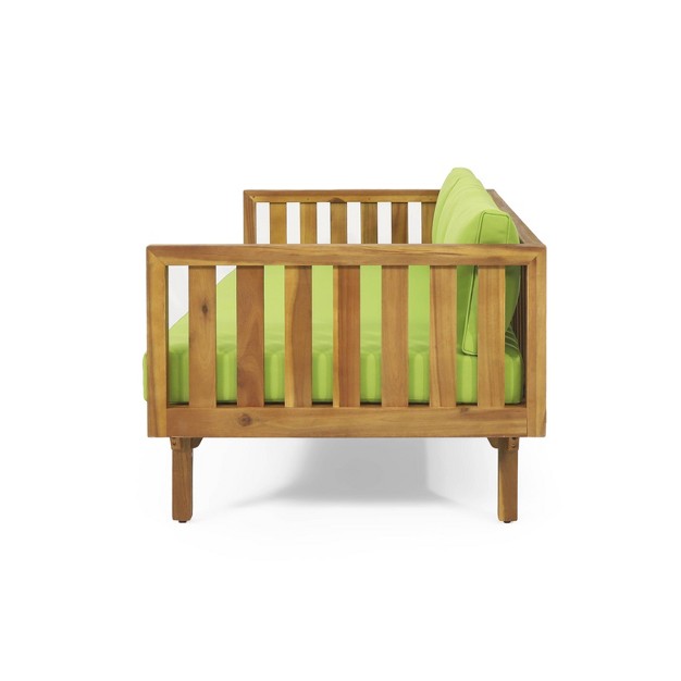 Claremont Outdoor 3 Seater Acacia Wood Daybed With Cushions Teak green Christopher Knight Home