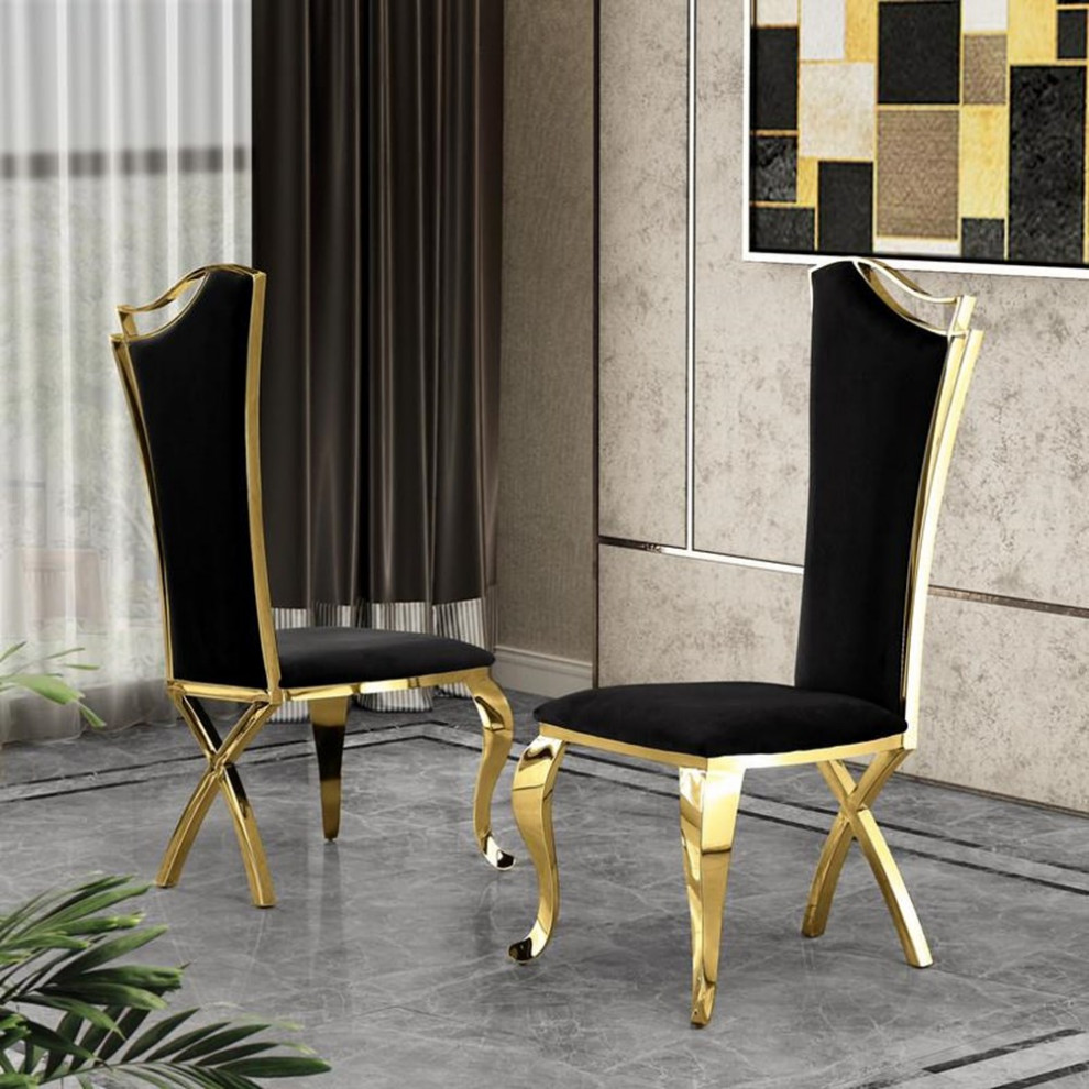 Maklaine Elegant Side Chairs in Black Velvet  ampGold Stainless Steel (Set of 2)   Traditional   Dining Chairs   by Homesquare  Houzz