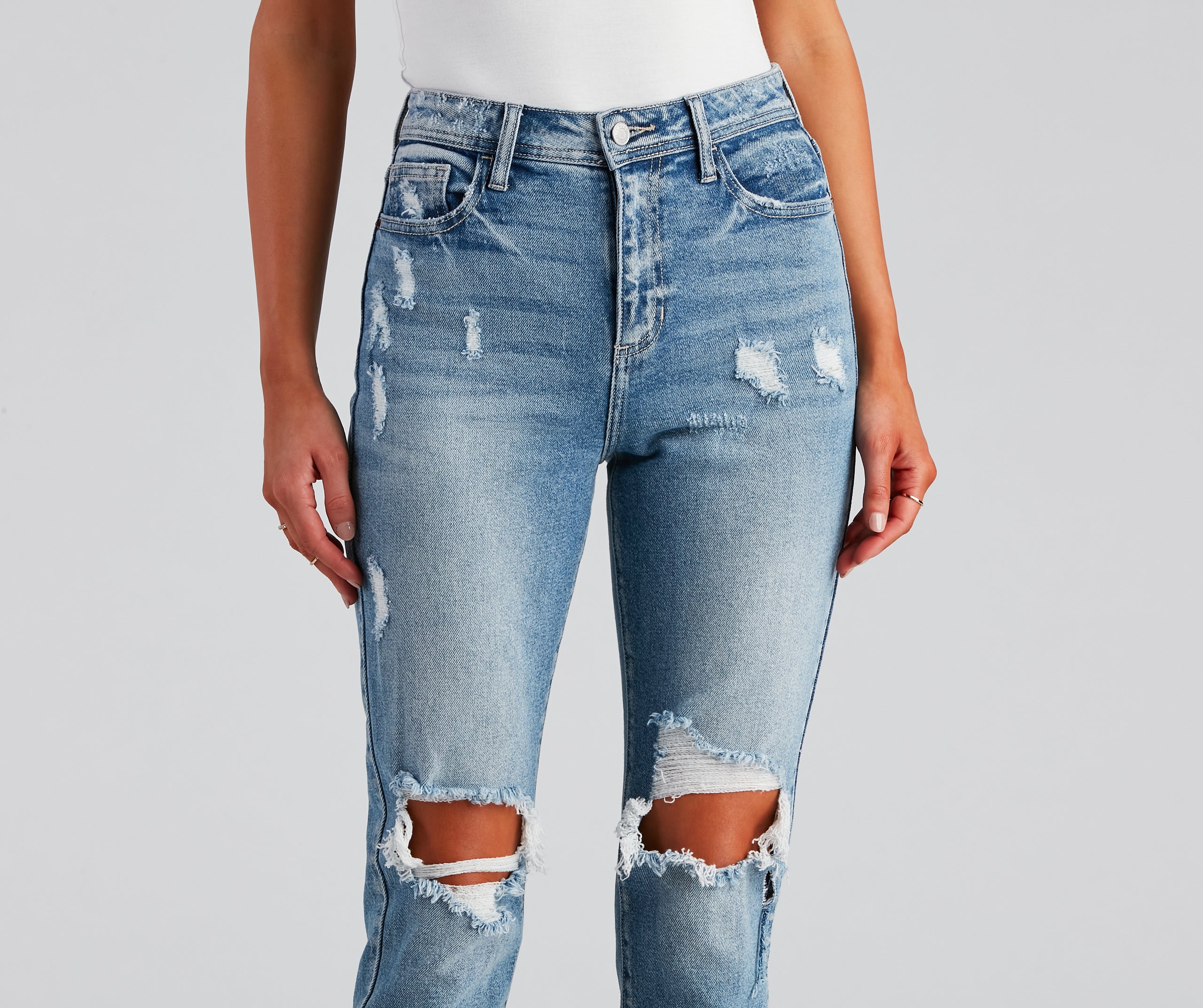 High-Rise Distressed Mom Skinny Jeans