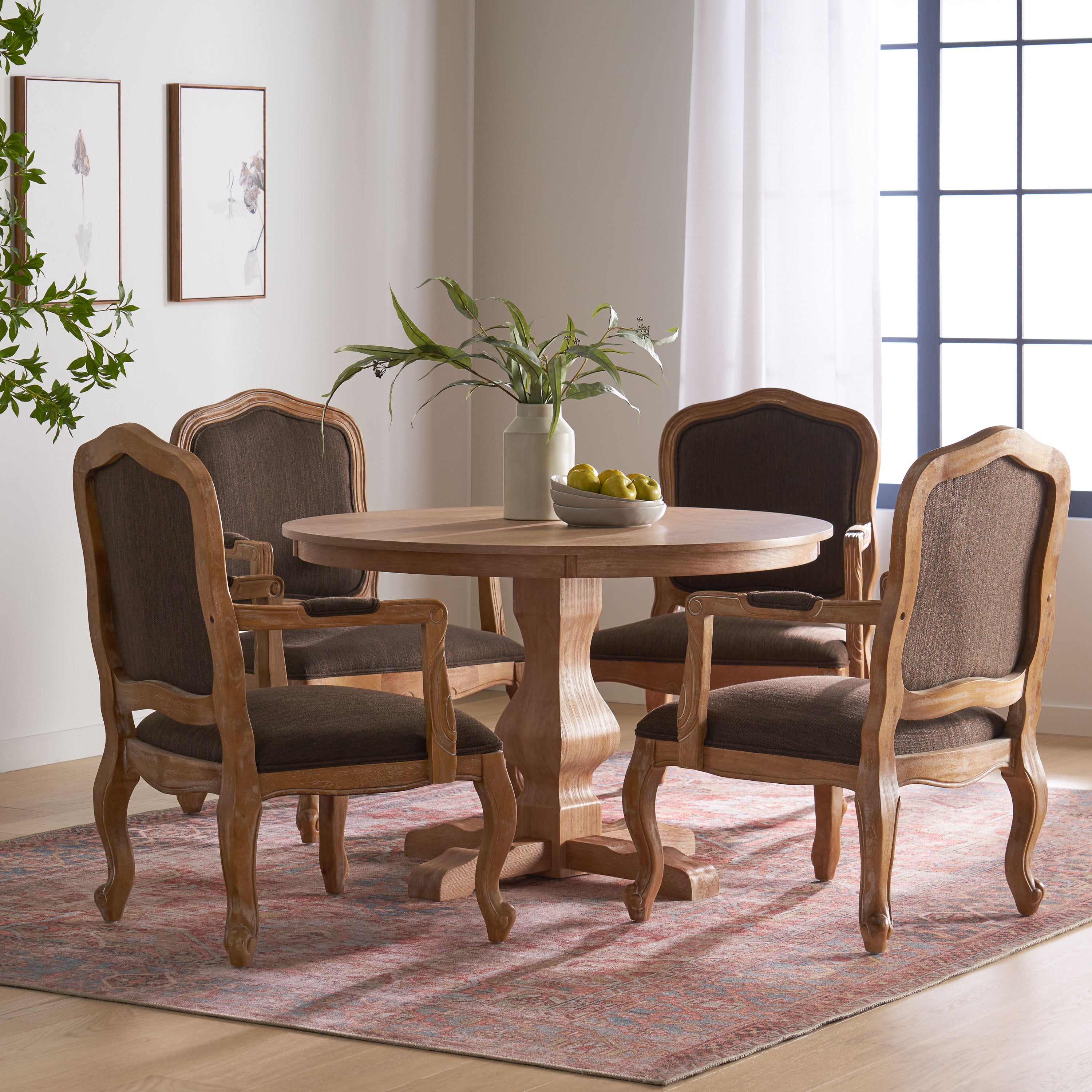 Absaroka French Country Fabric Upholstered Wood 5 Piece Circular Dining Set