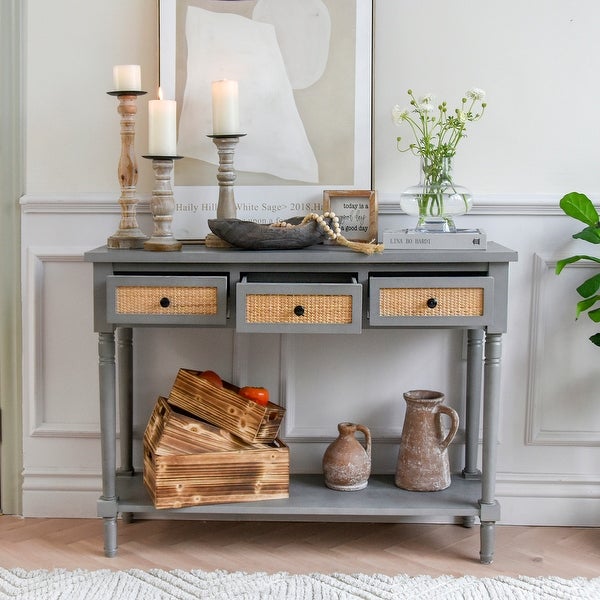 Farmhouse Rattan Console Table， Rustic Long Entryway Table with 3 Drawers，Long Shelf Sofa Table， Antique Gray