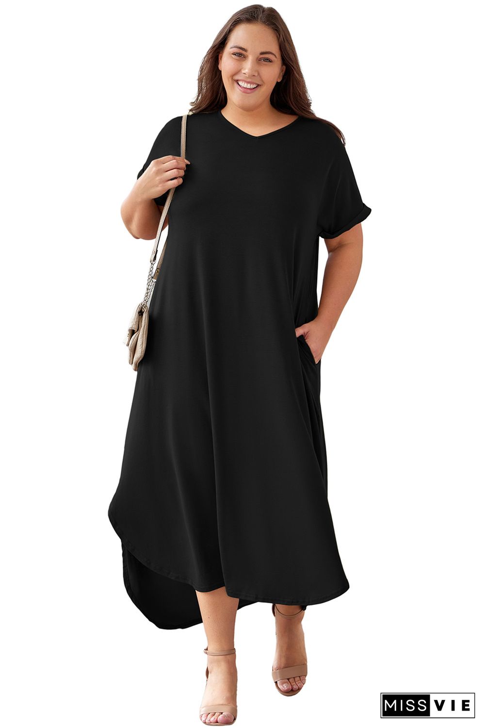 Black Plus Size V Neck Rolled Cuffs Maxi Dress