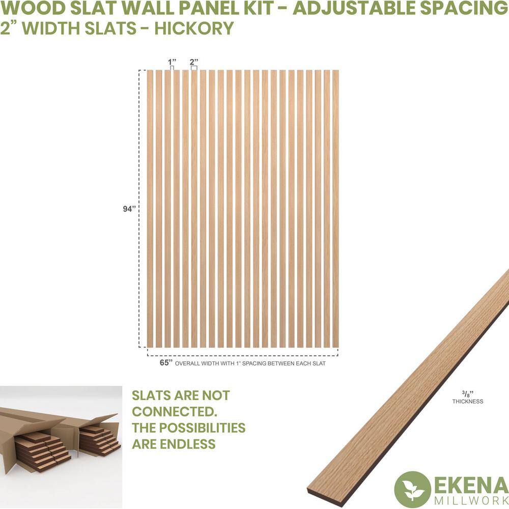 Ekena Millwork 94-in H x-38-in T Adjustable Wood Slat Wall Panel Kit w2-in W Slats Hickory (contains 22 Slats) SWW66X94X0375HI