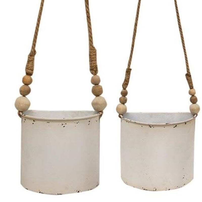 2/Set Shabby Chic Half Round Planters With Jute Hangers   7\