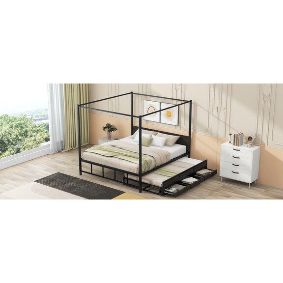 Queen Size Metal Canopy Platform Bed with Twin Siz...