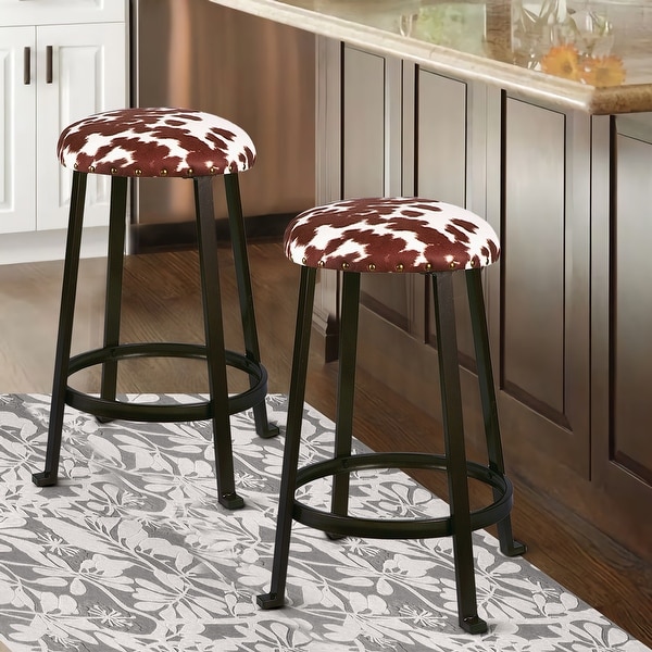 24 inch Backless Metal Bar Stool，Cow print Stool for Kicthen Bar-2 Pack