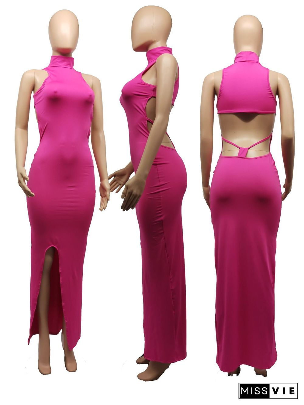 Solid Color Turtleneck Sleeveless Sexy Hollow Out Backless High Waist Skinny Split Party Long Dress