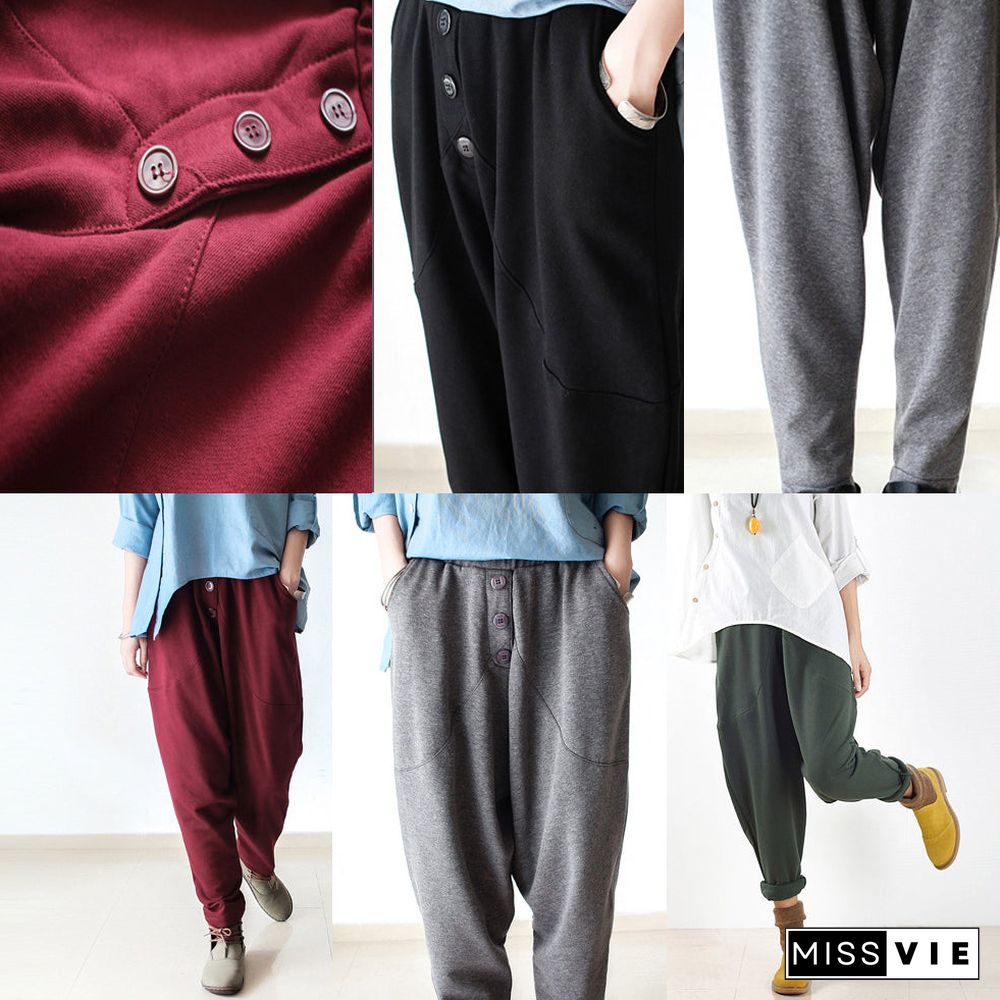 Burgundy warm winter pants thick cotton pants casual style buttons up