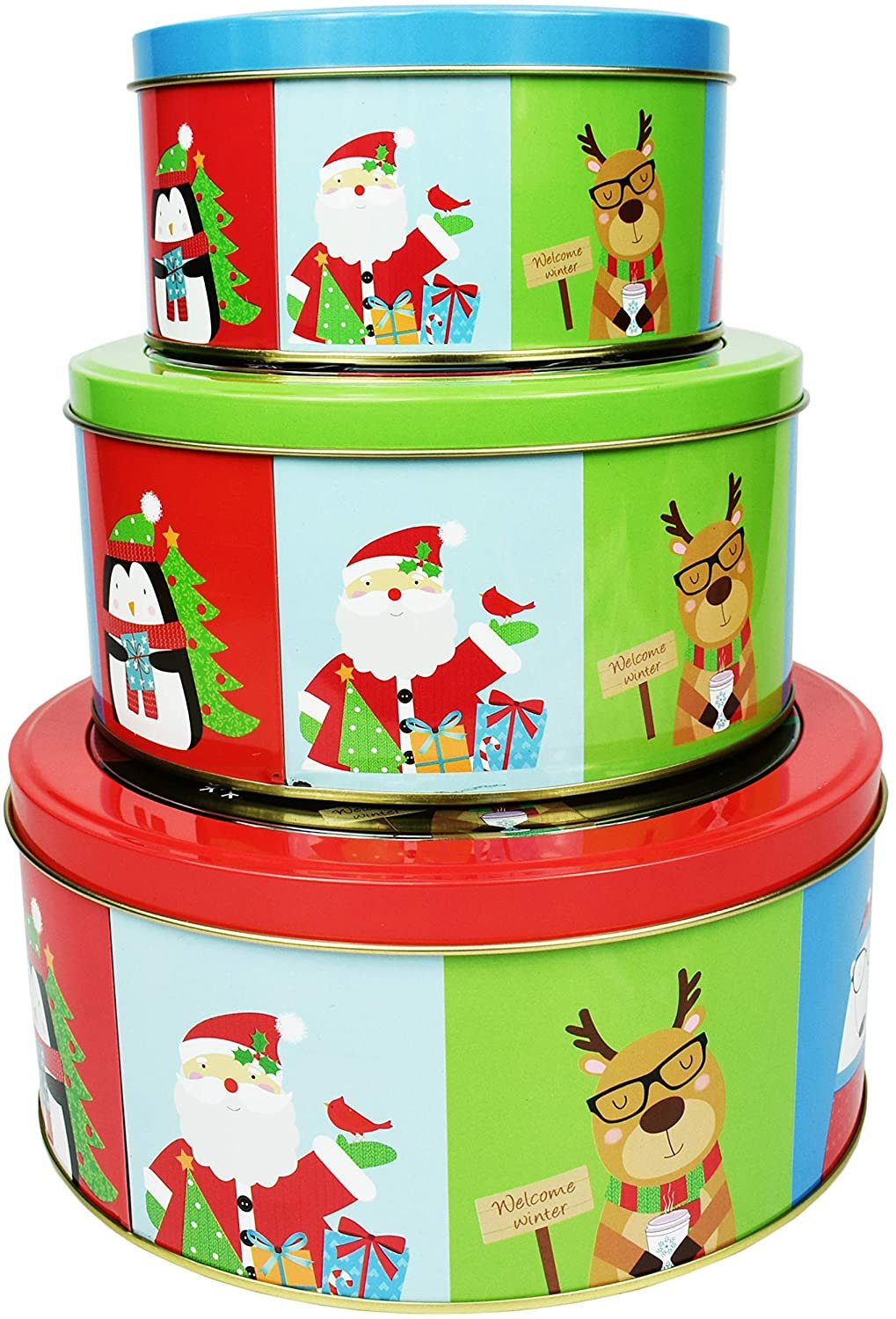 ALEF Christmas/Holiday Set of 3 Decorative Nesting Tins (Round w/Window)