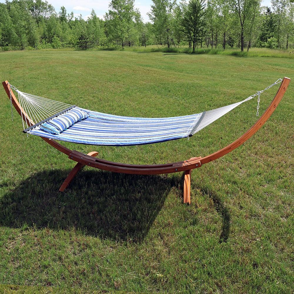 Ultimate Patio Quilted Double Hammock w/ 13-Foot Wood Stand and Pillow