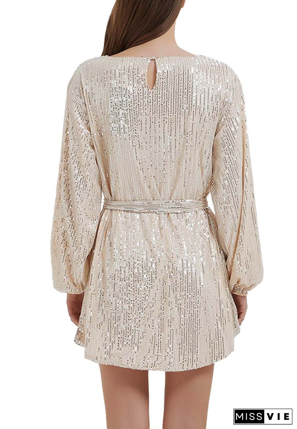 Anna-Kaci Women's Sparkly Sequins Party Dress Long Sleeve Crew Neck Elegant Loose Fashion Dresses