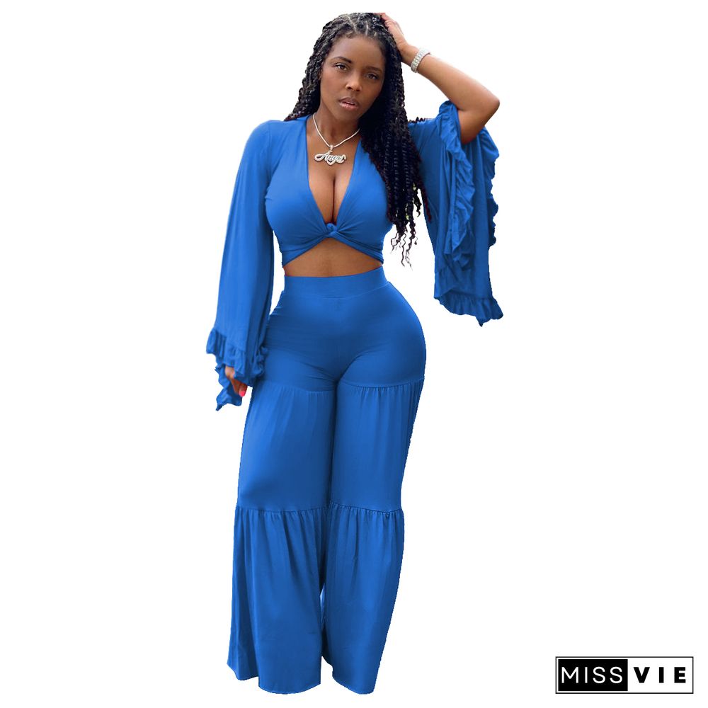 Solid Low Cut Crop Top Wide Leg Pants Set