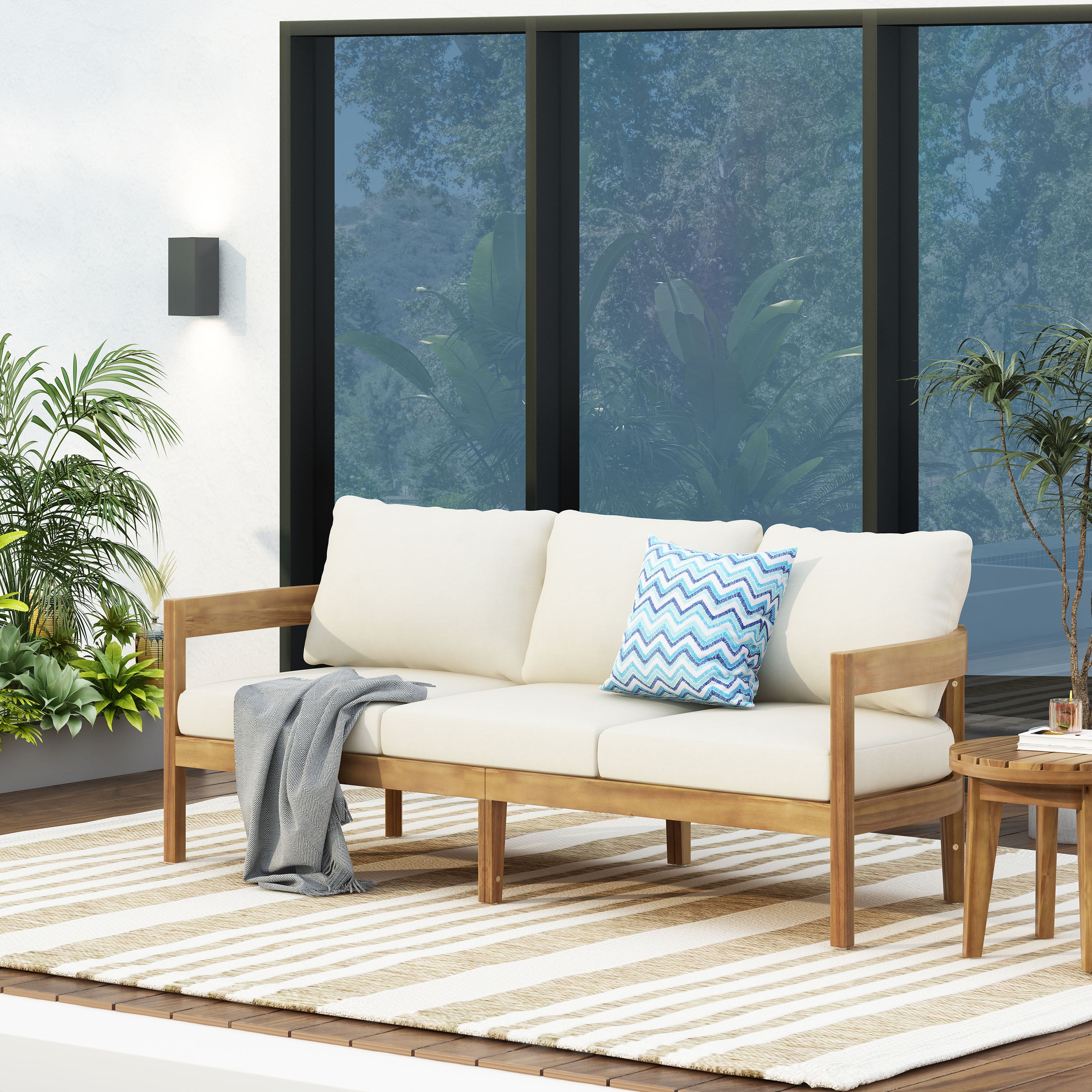 Brooklyn Outdoor Acacia Wood 3 Seater Sofa with Cushions, Teak and Beige