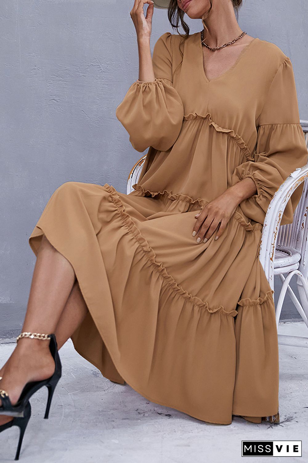 Ruffle V-neck Long Sleeve Dress with Belt Wholesale