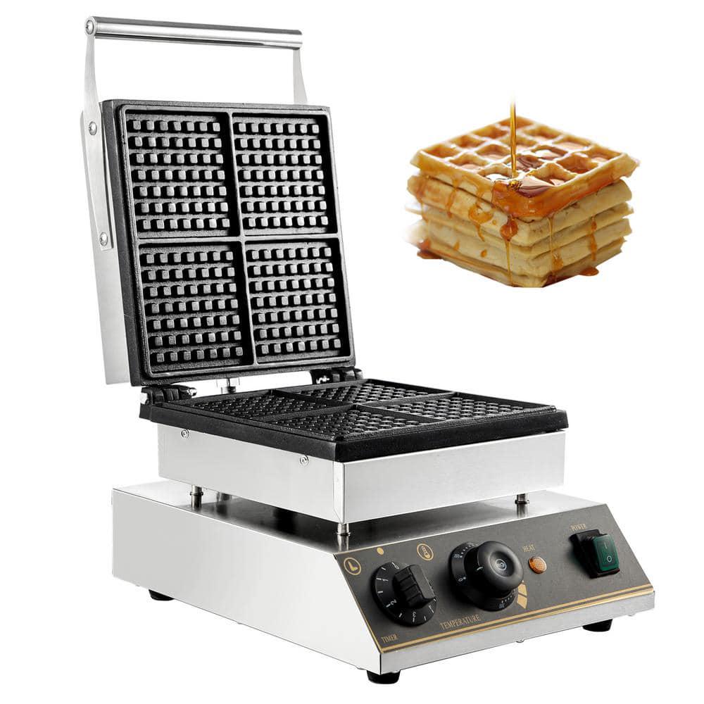 VEVOR 2000Watt Commercial Waffle Maker 4Waffle Stainless Steel Nonstick Rectangle Belgian Waffle Maker for Snack Bar Family