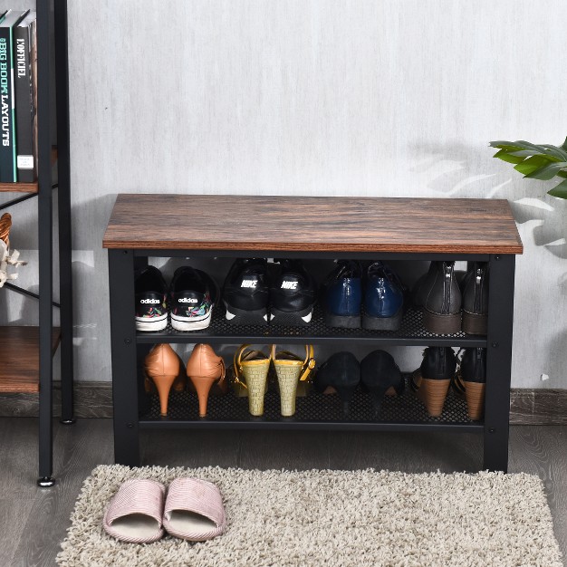 3 tier Shoe Rack industrial Shoe Bench With Storage Shelves For Livingroom Brown